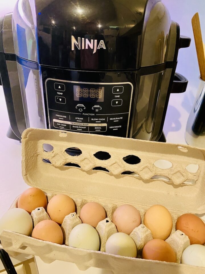 open carton of eggs sitting in front of the ninja foodi